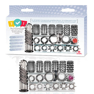Try-Curious Cock Ring & Sleeve Set - Clear - 15 Piece Set