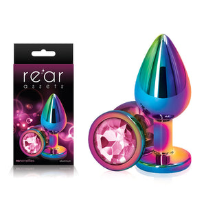 Rear Assets Multi Coloured Medium - Multi Coloured Medium Metal Butt Plug with Pink Gem Base