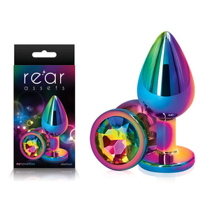 Rear Assets Multi Coloured Medium - Multi Coloured Medium Metal Butt Plug with Rainbow Gem Base