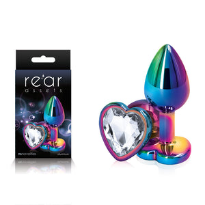 Rear Assets Multi Coloured Heart - Multi Coloured Small Metal Butt Plug with Clear Heart Gem Base