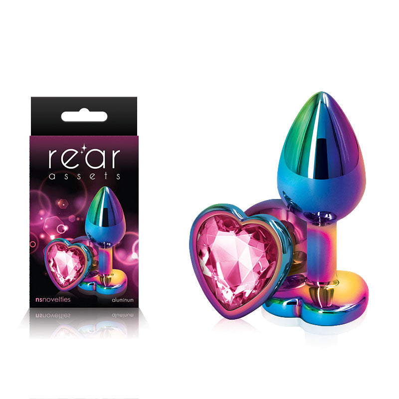 Rear Assets Multi Coloured Heart - Multi Coloured Small Metal Butt Plug with Pink Heart Gem Base