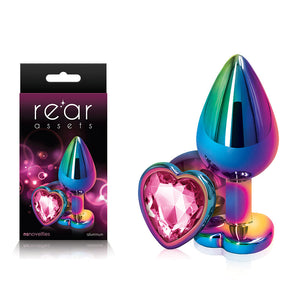 Rear Assets Multi Coloured Heart - Multi Coloured Medium Metal Butt Plug with Pink Heart Gem Base