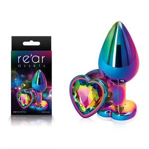 Rear Assets Multi Coloured Heart - Multi Coloured Medium Metal Butt Plug with Rainbow Heart Gem Base