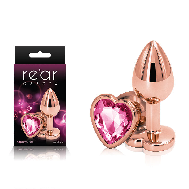 Rear Assets Rose Gold Heart Small - Rose Gold Small Metal Butt Plug with Pink Heart Gem Base