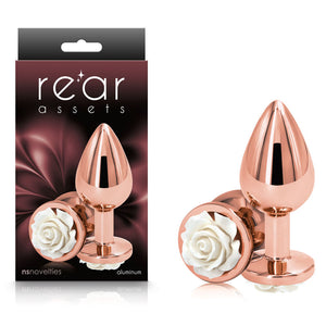 Rear Assets Rose - Medium - Rose Gold 8.9 cm Metal Butt Plug with White Rose Base