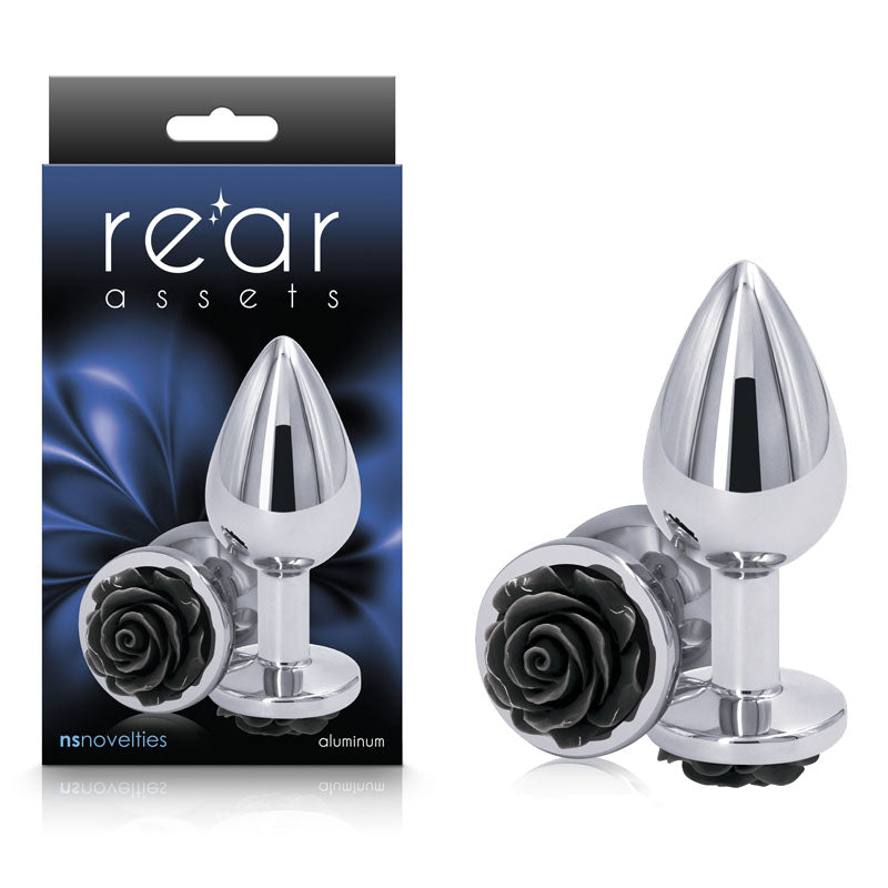 Rear Assets Rose - Medium - Chrome 8.9 cm Metal Butt Plug with Black Rose Base