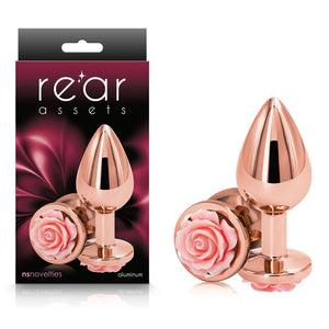 Rear Assets Rose - Medium - Rose Gold 8.9 cm Metal Butt Plug with Pink Rose Base