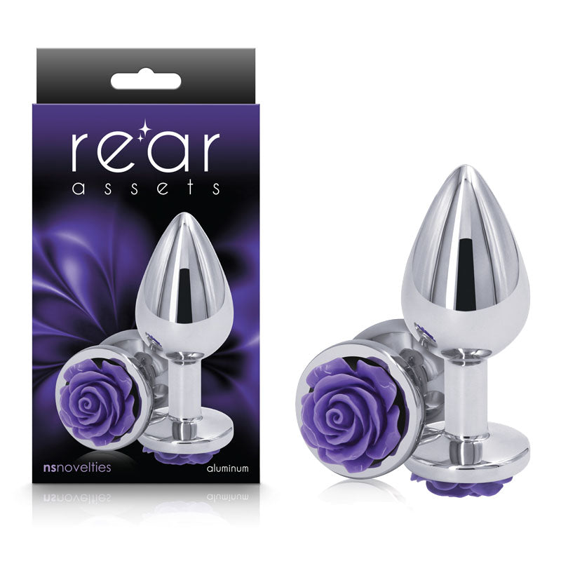 Rear Assets Rose - Medium - Chrome 8.9 cm Metal Butt Plug with Purple Rose Base