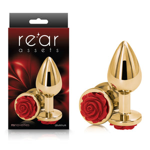 Rear Assets Rose - Medium - Gold 8.9 cm Metal Butt Plug with Red Rose Base