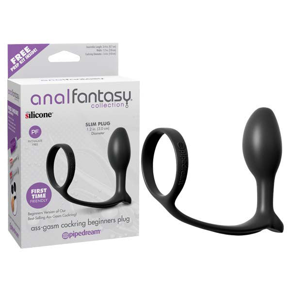 Anal Fantasy Collection Ass-Gasm Cock Ring Beginners Plug - Black Cock Ring with Anal Plug