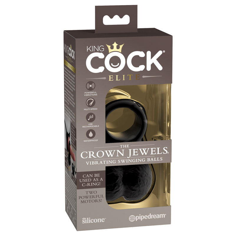 King Cock Elite The Crown Jewels Vibrating Silicone Balls - Black USB Rechargeable Vibrating Cock Ring